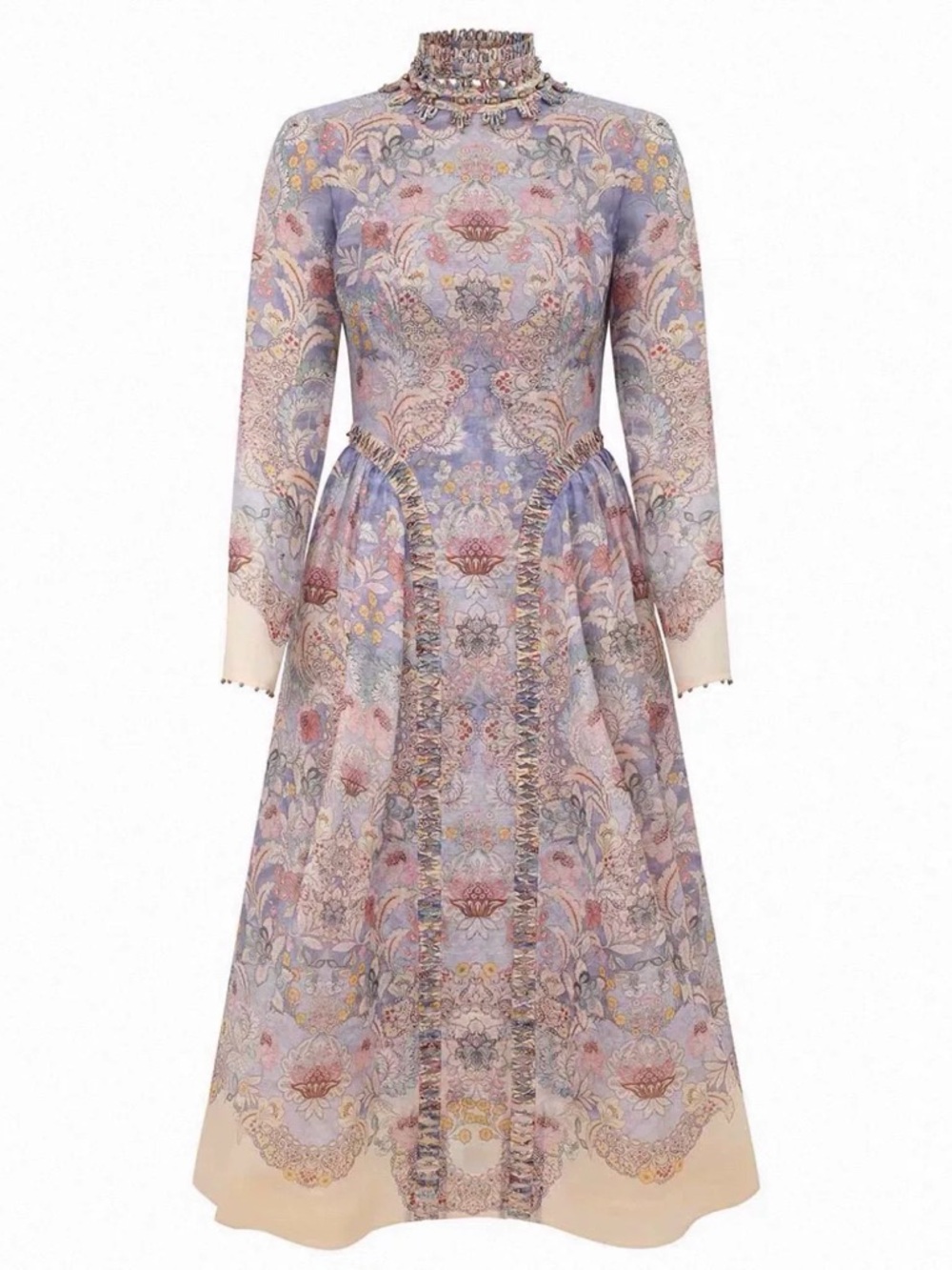 Designer-Style Rebellion Beaded Floral Vintage Midi Dress in Blue and Pastel